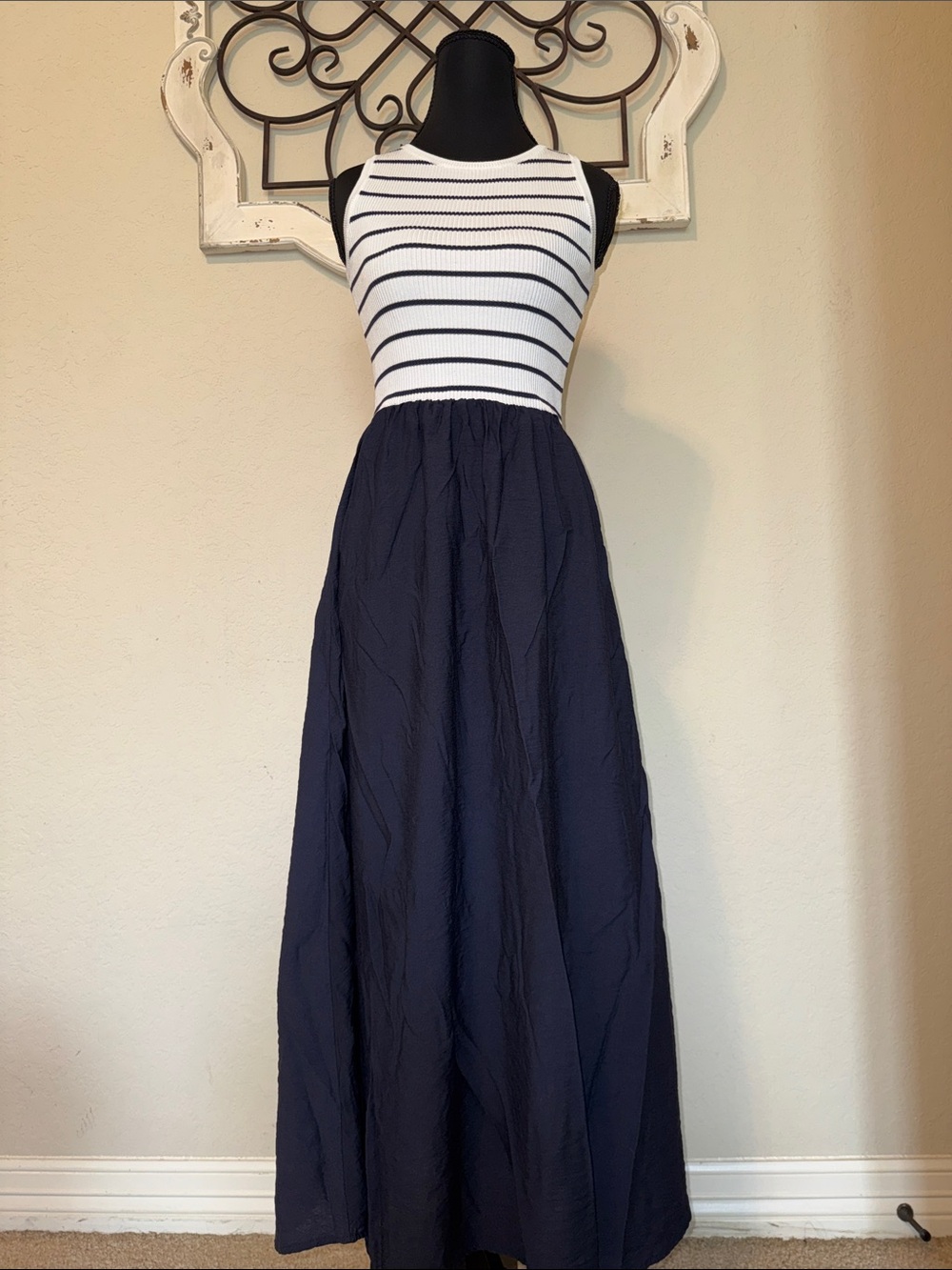 The Workshop Striped Knit Top Maxi Dress in White and Navy